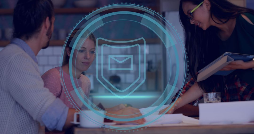 Diverse Team Collaborating with Digital Security Overlay Icon