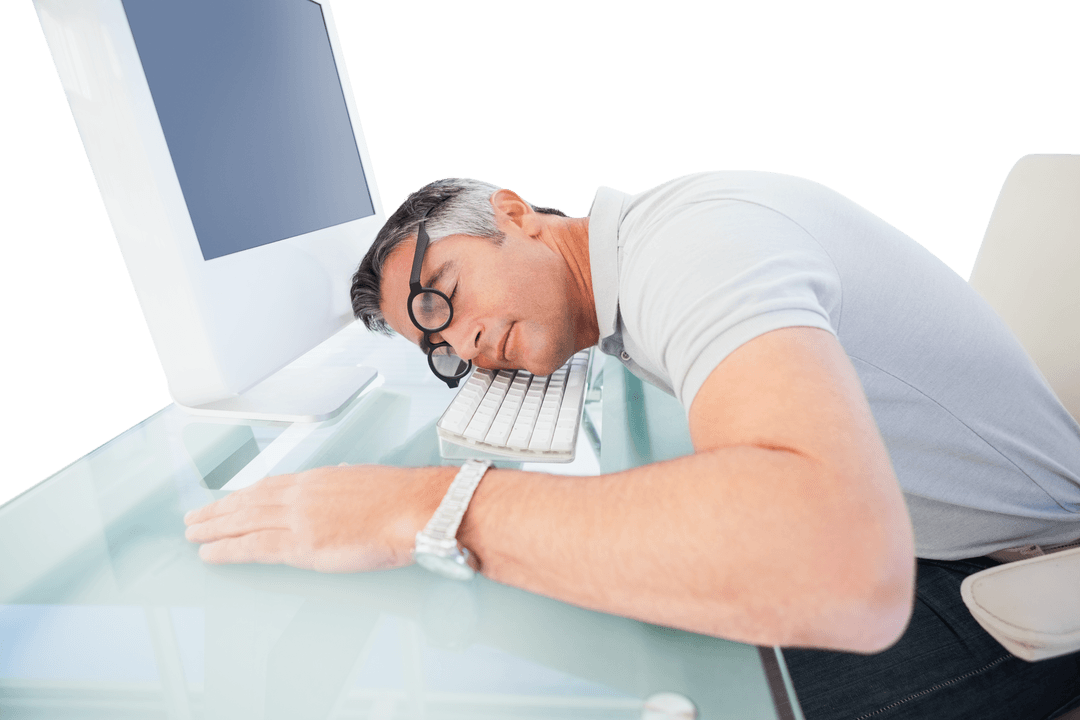 Exhausted Businessman Sleeping on Keyboard at Transparent Glass Desk