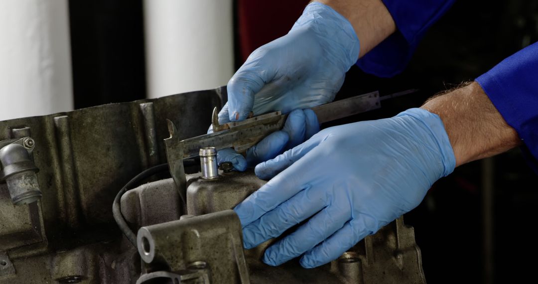 Mechanic Hands Wearing Gloves Working on Car Engine with Caliper - Free Images, Stock Photos and Pictures on Pikwizard.com