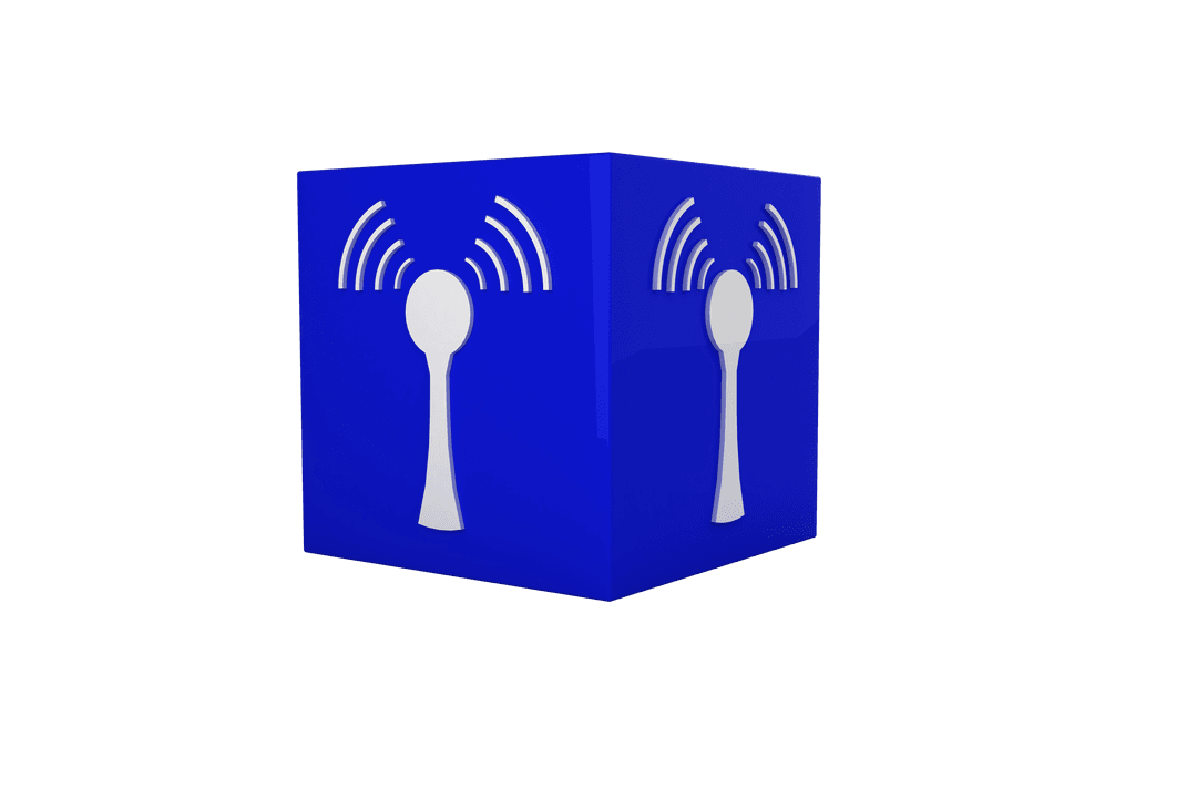 Digital Blue Cube with Network Symbol on Transparent Background