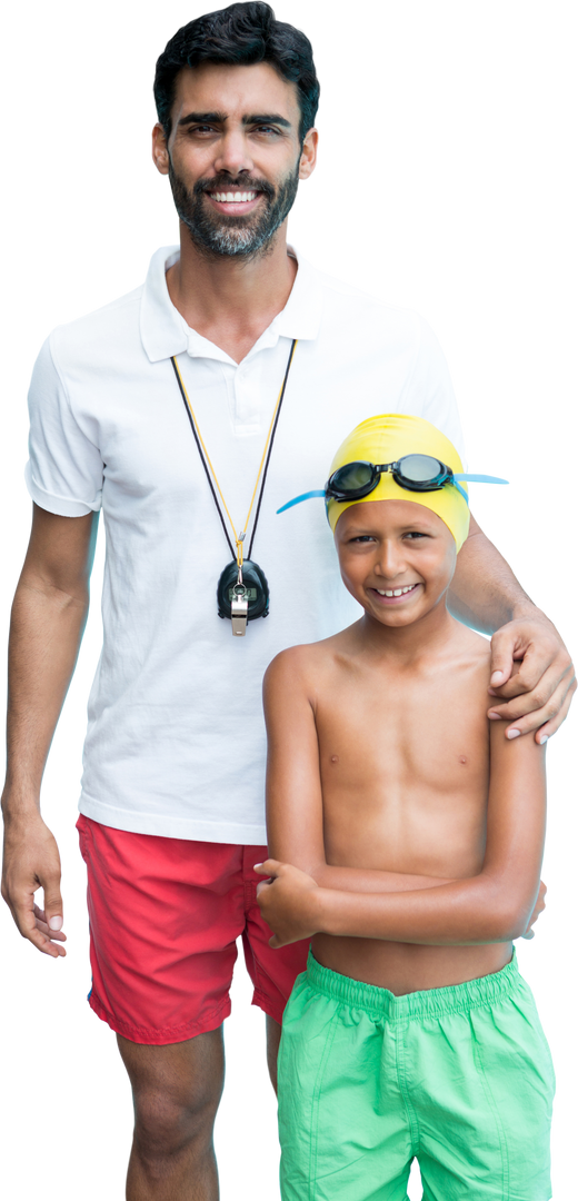 Transparent image of swim coach standing with smiling boy in swim cap and goggles - Download Free Stock Images Pikwizard.com