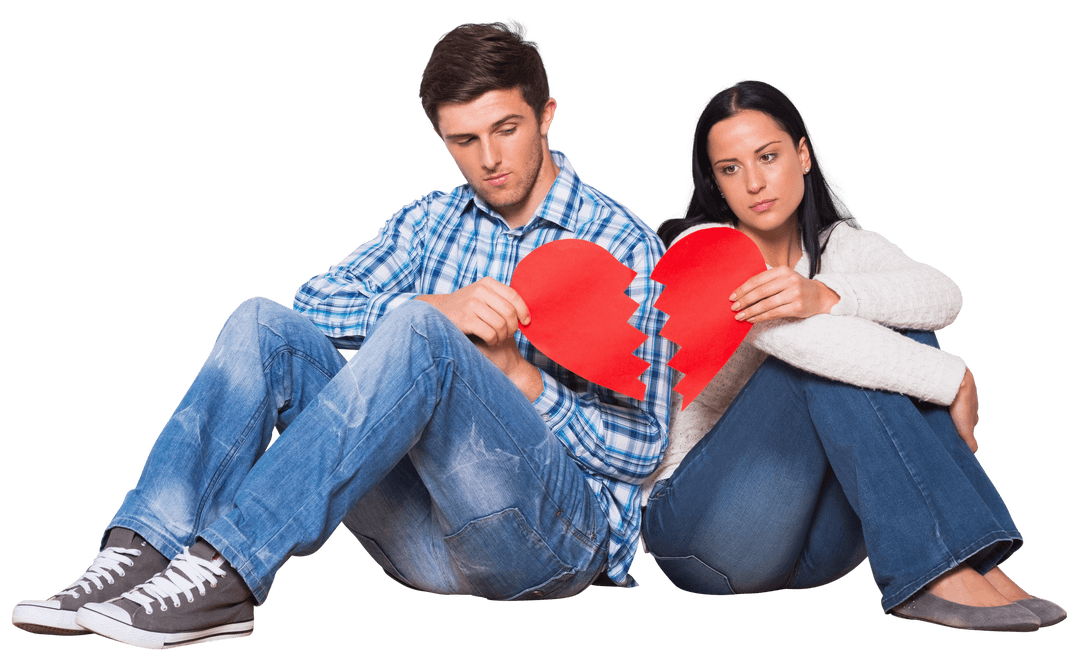 Transparent Image of Sad Couple Holding Broken Heart