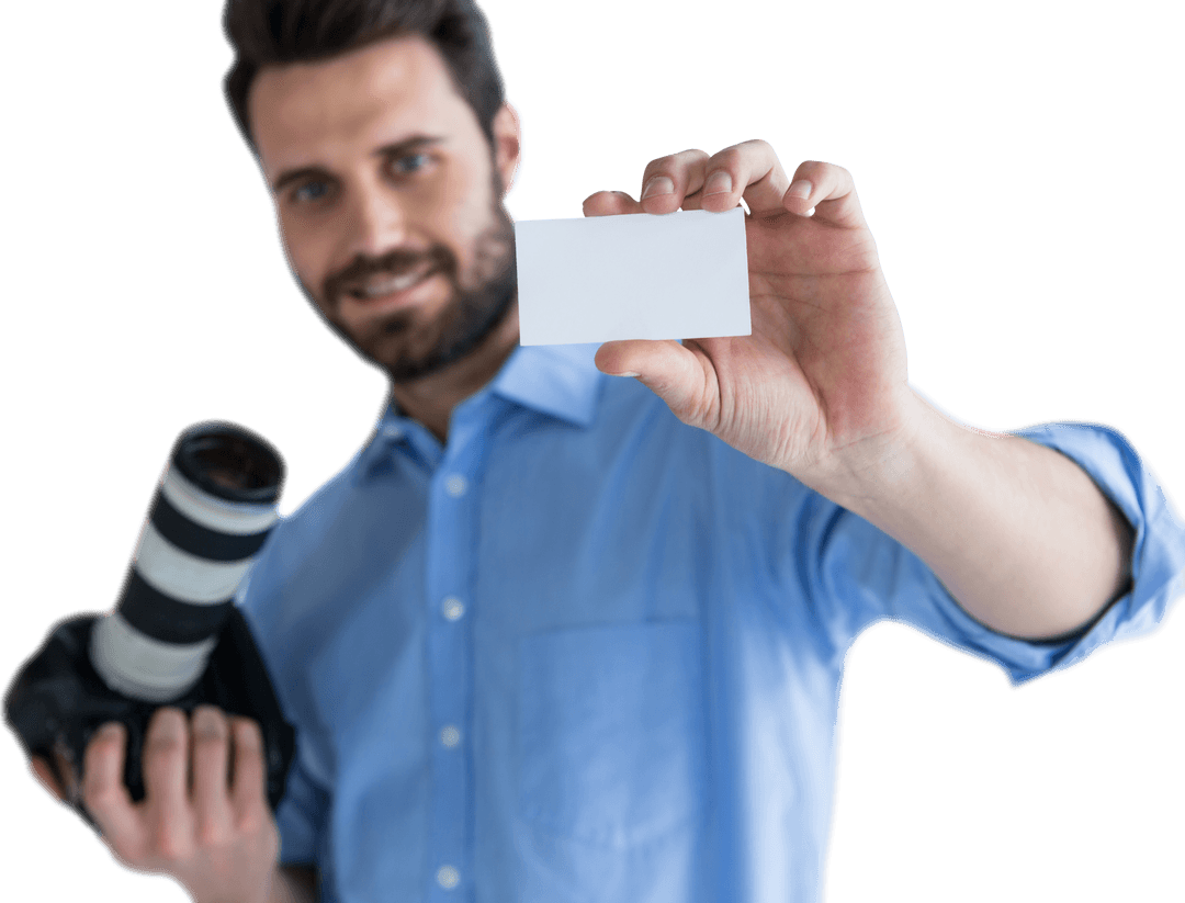 Photographer Holding DSLR and Card with Transparent Background