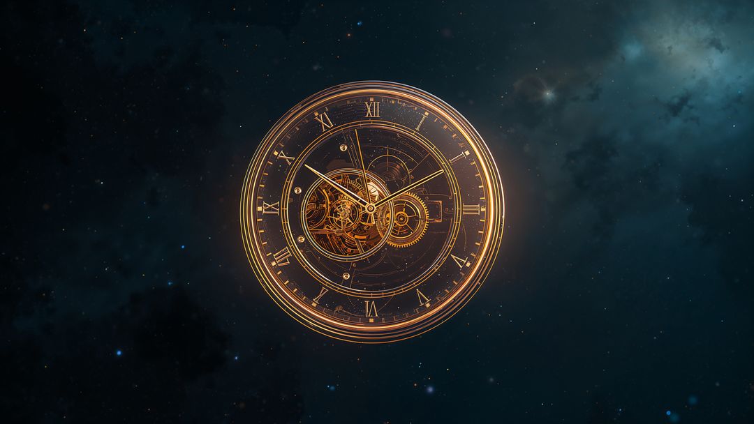Golden Clock Face with Roman Numerals in Deep Space
