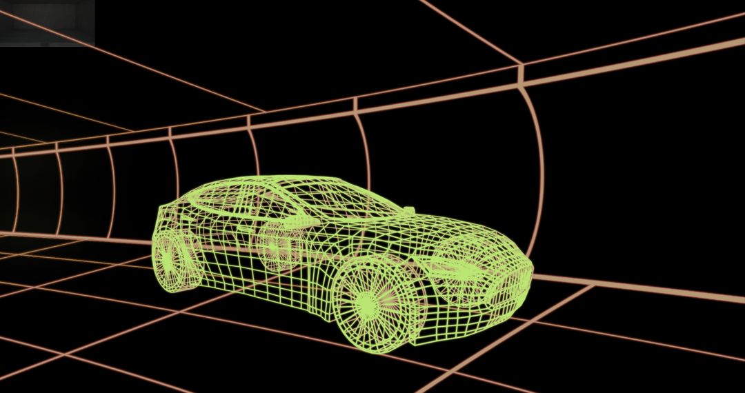 3D Wireframe Car Model in Grid Tunnel with Black Background
