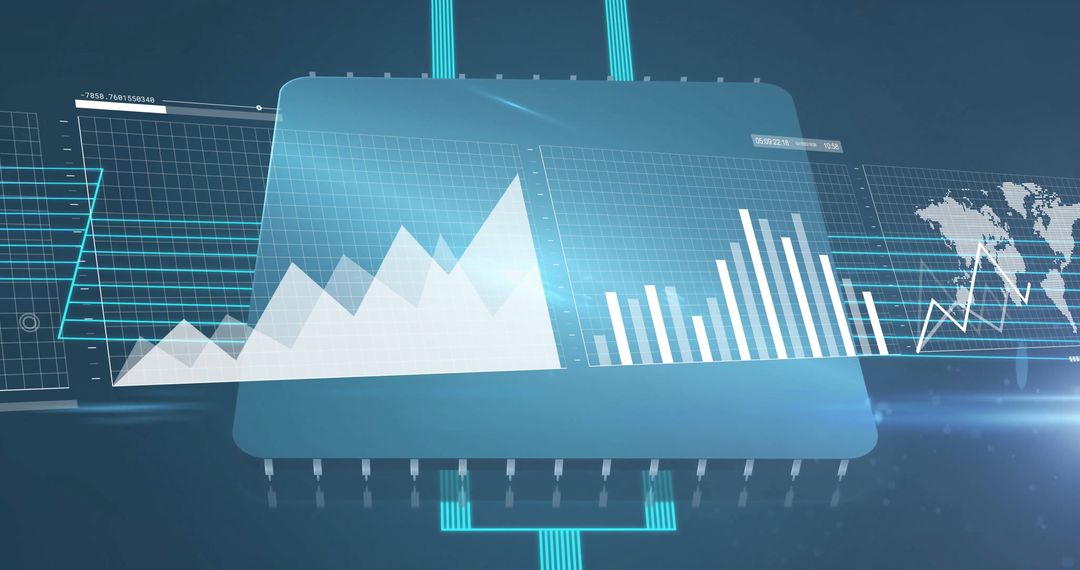 Futuristic Digital Interface with Holographic Charts on Microchip