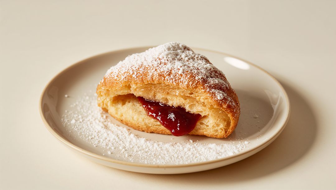 Jam-Filled Croissant Crescent Oozing Berry Jam with Powdered Sugar on Beige Plate