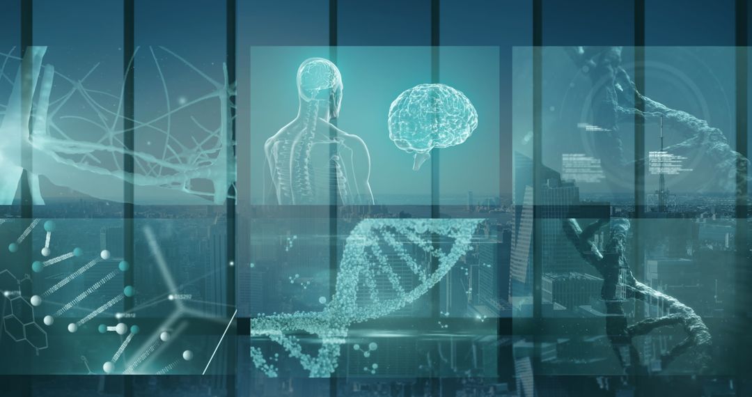 Futuristic Medical Data Processing with DNA and Brain Visuals