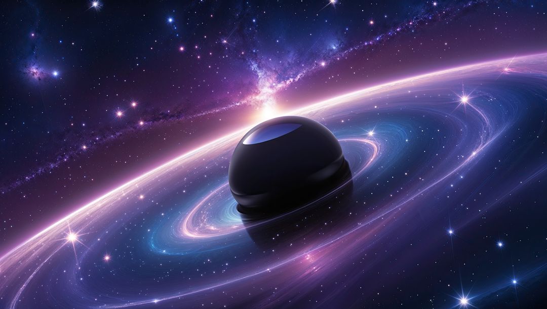 Futuristic Black Spherical Planet with Ethereal Glow in Deep Space