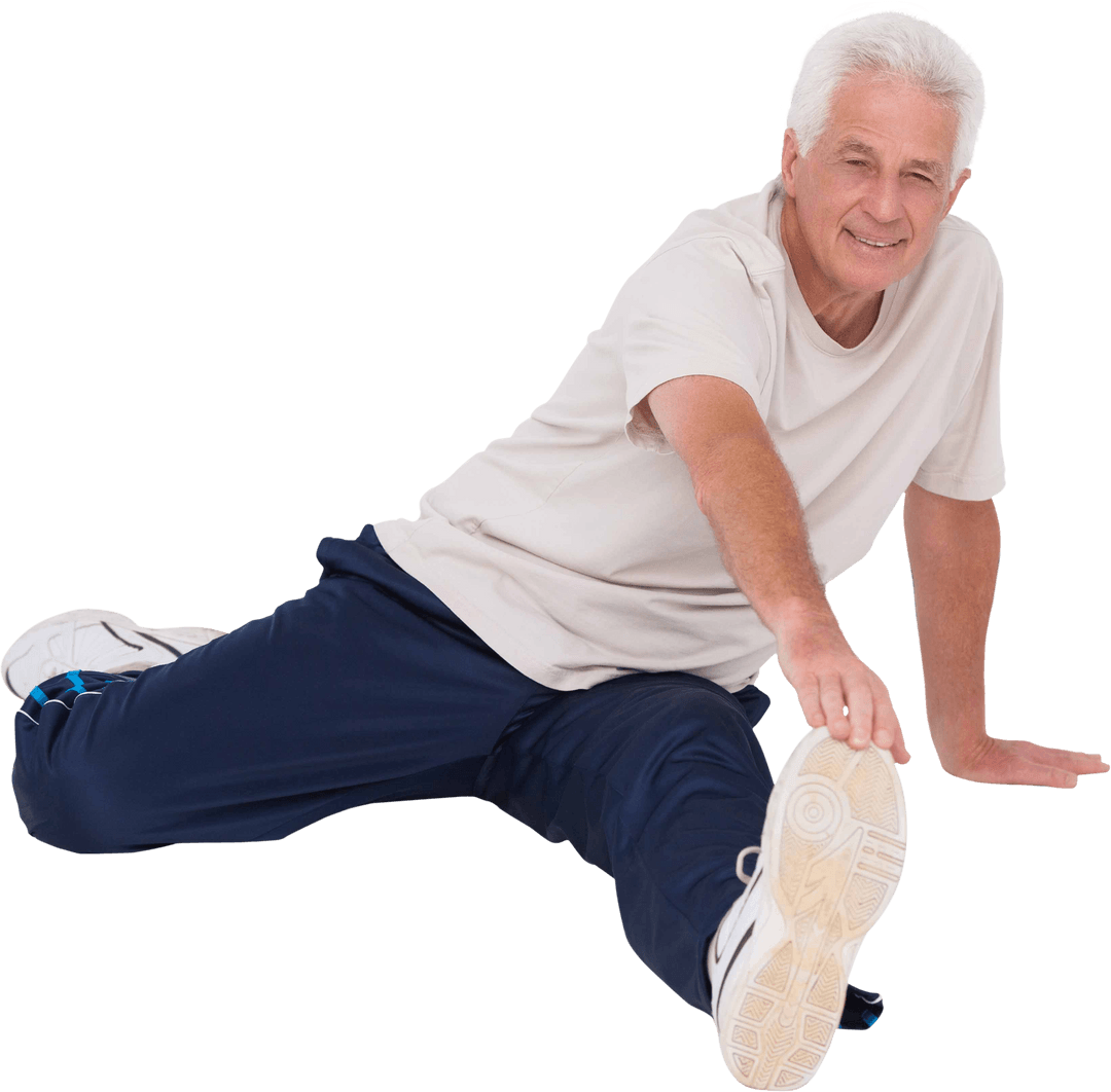 Active Senior Man Stretching on Transparent Background