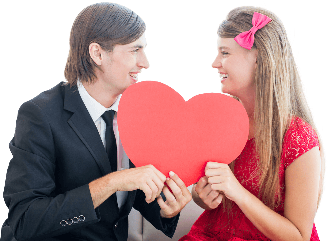 Transparent Smiling Couple Holding Red Heart on Sofa