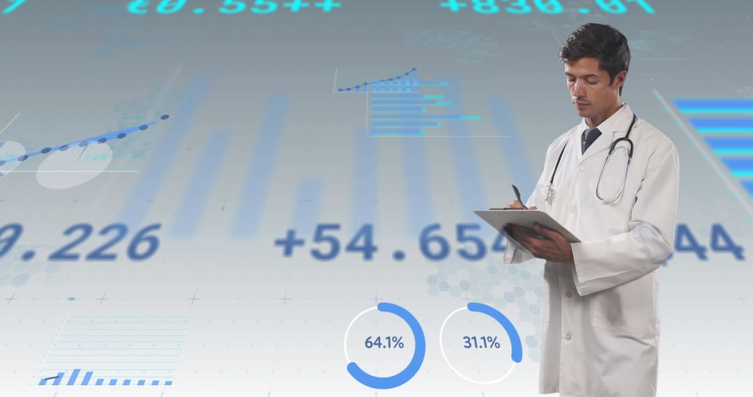 Doctor Analyzing Medical Financial Data with Graphs Overlay