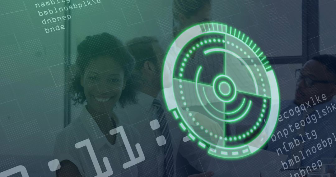 Team Collaboration with Futuristic Tech Interface Overlay in Office