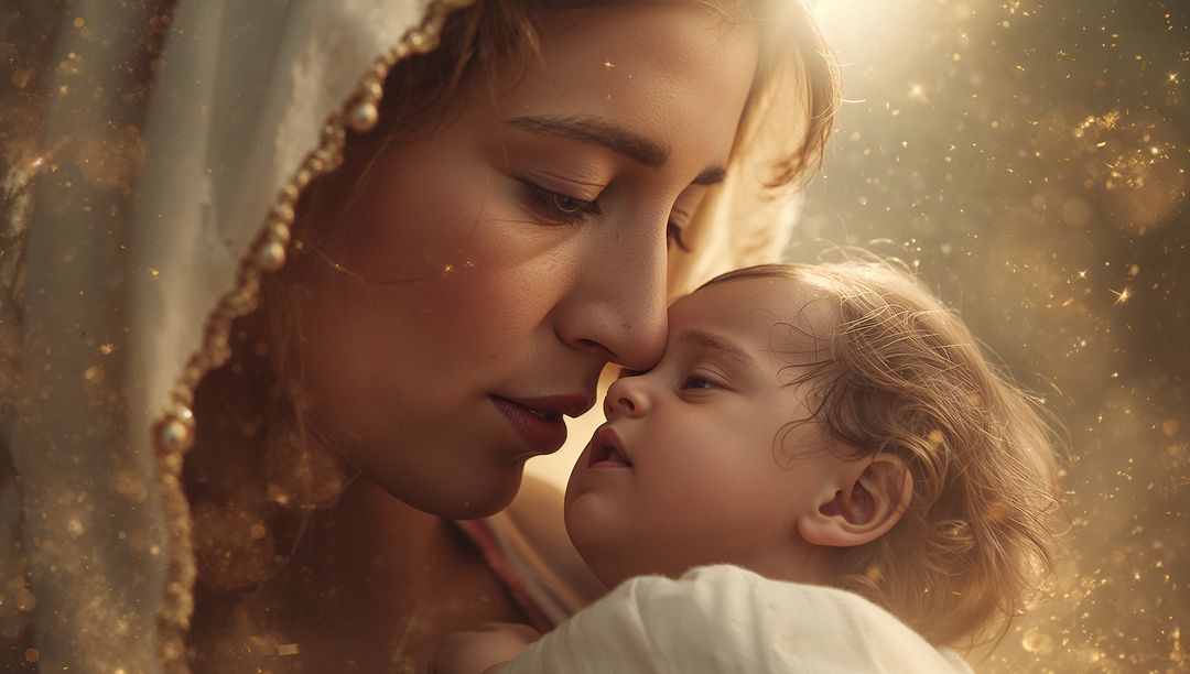 Mother Cradling Baby in Warm Embrace with Sparkling Atmosphere