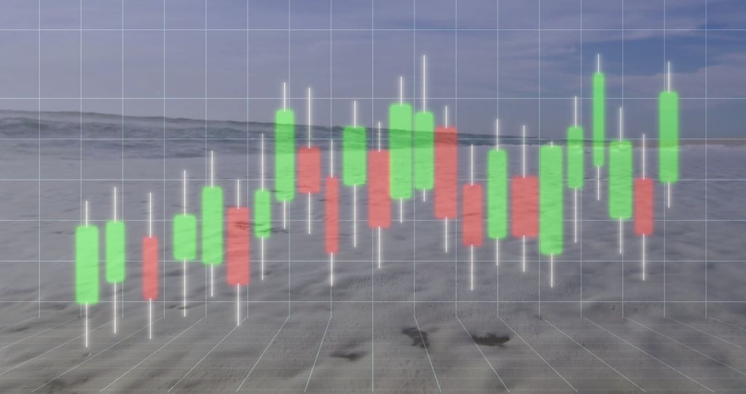 Candlestick Chart Over Scenic Beach: Market Analysis Vision