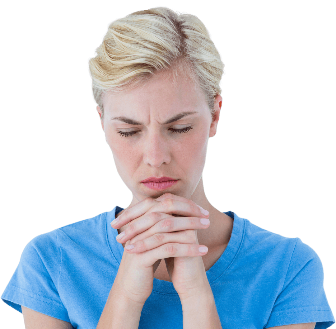 Transparent Prayerful Expression of Blond Woman in Blue