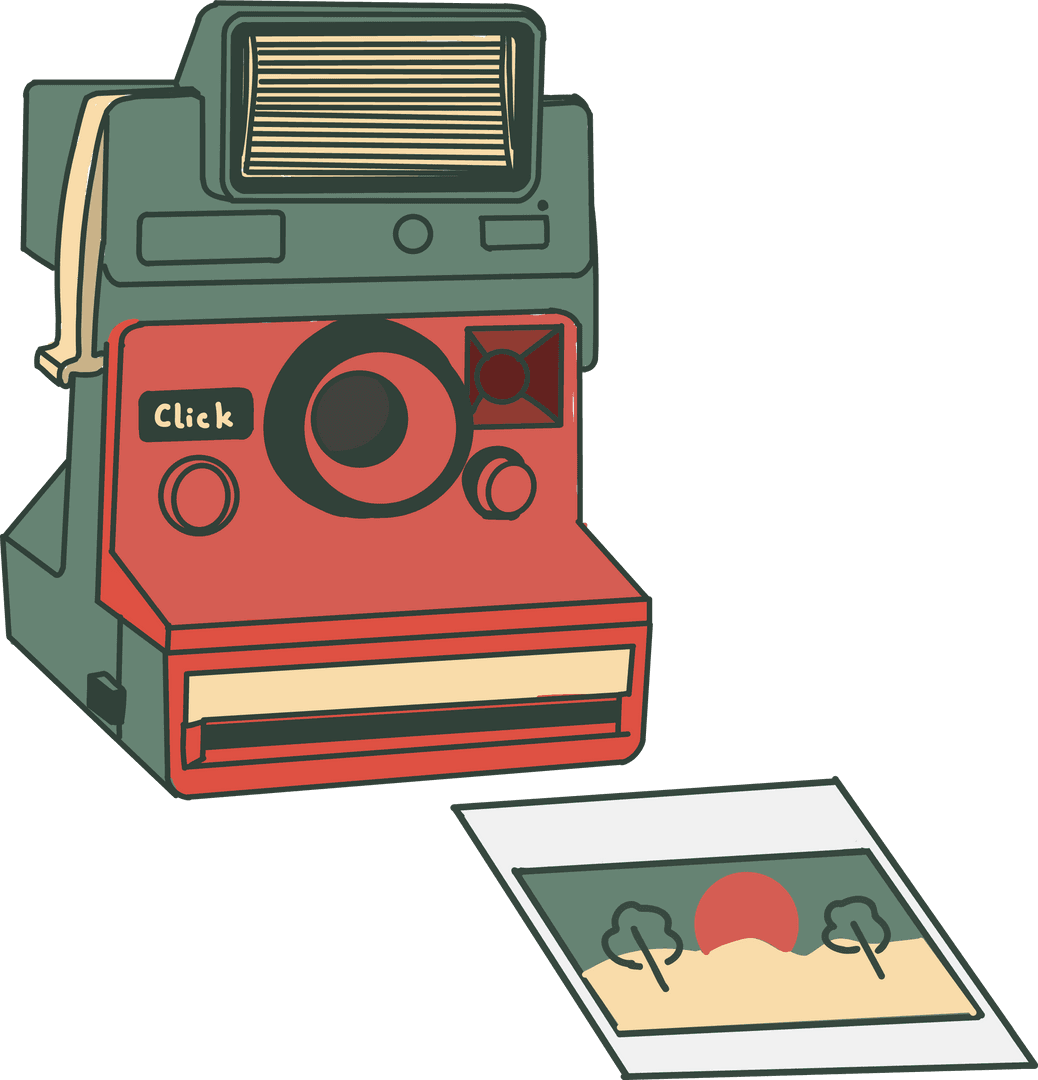 Retro Instant Camera with Minimalist Sunset Print on Transparent Background
