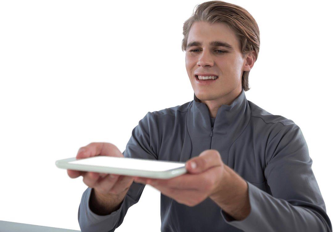 Smiling Businessman Presenting Transparent Digital Tablet Surface