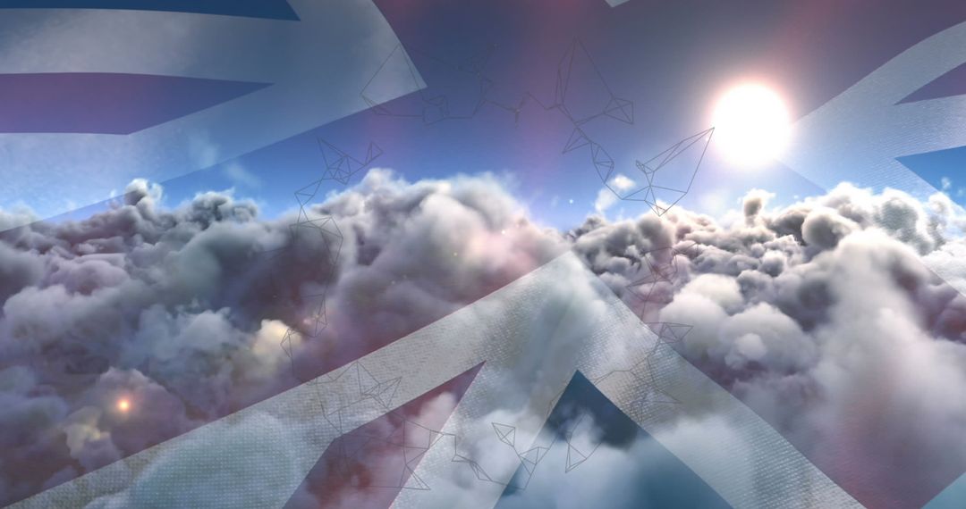 UK Flag Superimposed on Cloudy Sky with Connected Dots