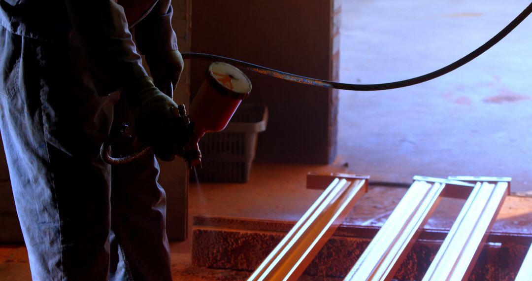 Worker Painting Metal Beams with Spray Gun in Dark Industrial Environment - Free Images, Stock Photos and Pictures on Pikwizard.com