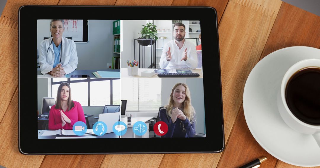 Virtual Business Meeting on Tablet with Diverse Professionals