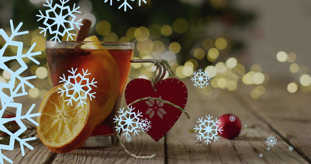 Warm Christmas Drink with Festive Decorations and Snowflakes