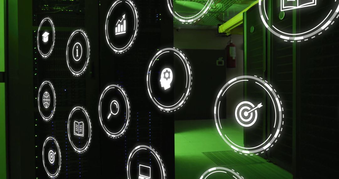 Business Icons on Server Room Background Depicting Global Technology