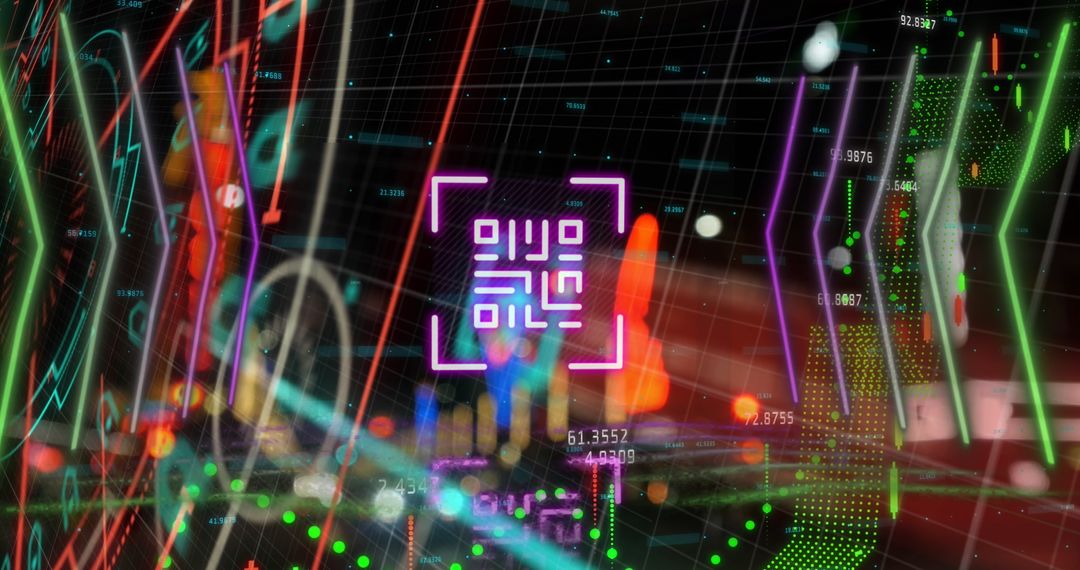 Neon QR Code and Digital Financial Data with City Lights