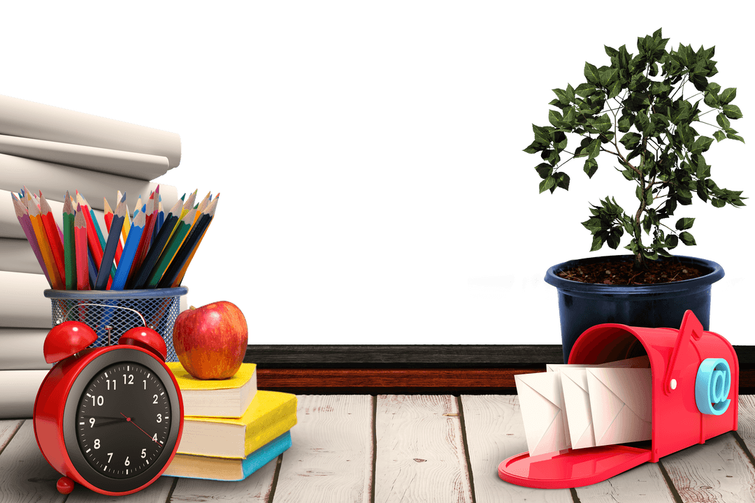 Transparent Desk Items: Books, Plant, Clock, Apple & Stationery