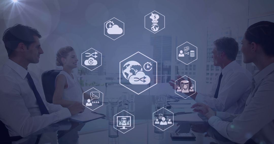 Business Team Meeting with Global Network and Data Integration Icons