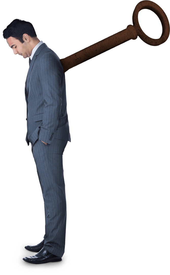 Transparent Businessman with Wind-Up Key Worn Out Expression