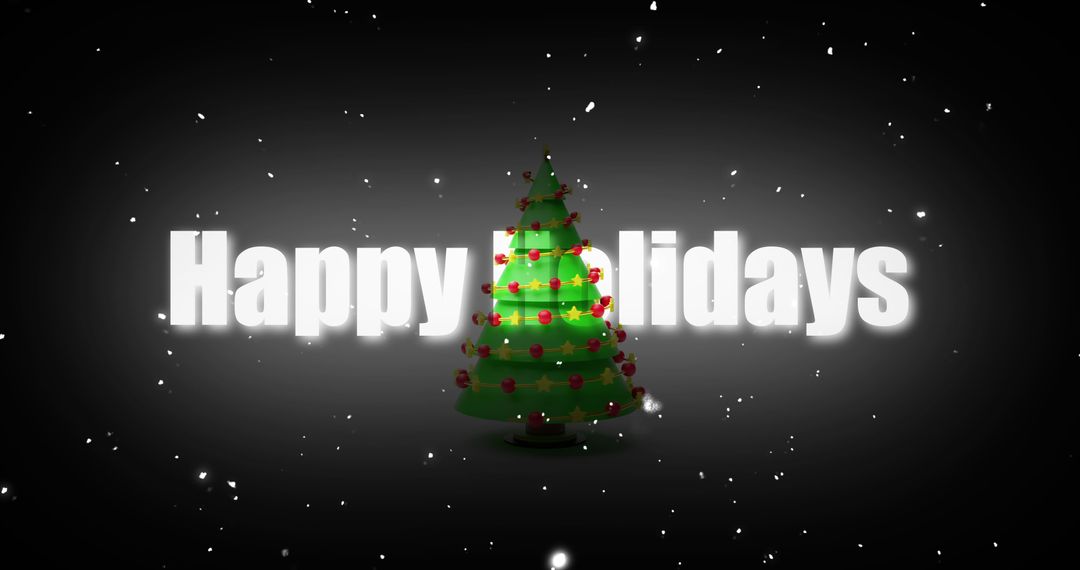 Festive Green Christmas Tree with Happy Holidays Text on Black Background