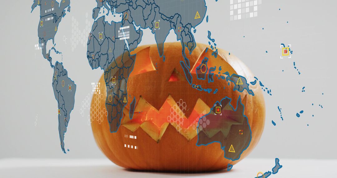 Glowing carved pumpkin with translucent world map overlay and tech data icons for Halloween