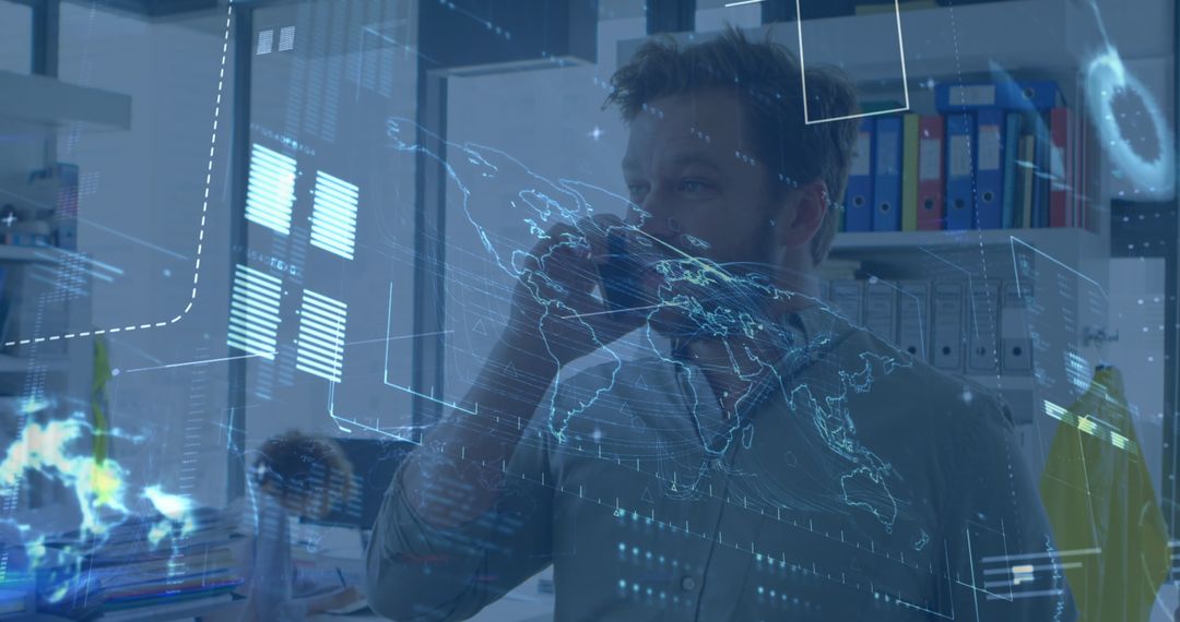 Caucasian Businessman Engaged with Digital Interface Displays