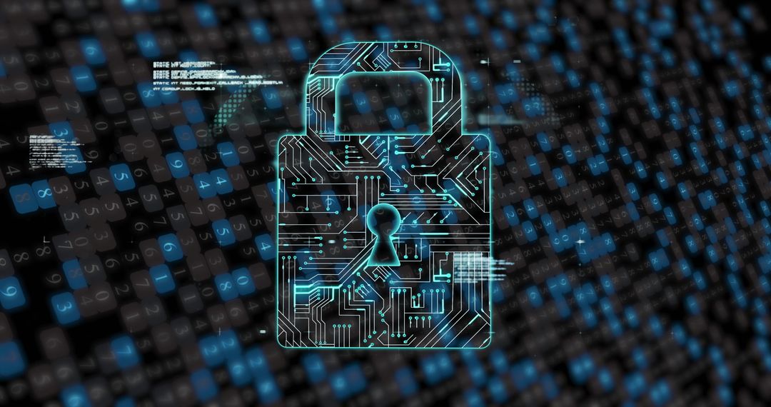 Digital security lock with circuit patterns on dark background
