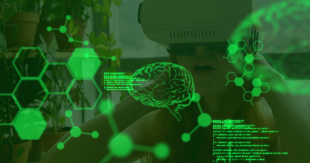 Woman Wearing VR Headset with Digital Brain and Futuristic Graphics