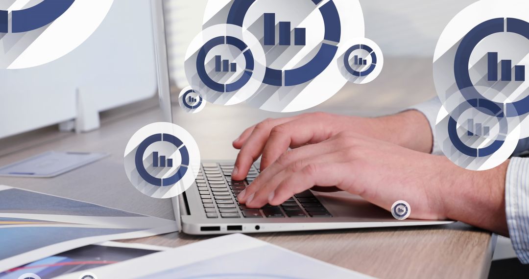 Man Typing on Laptop with Digital Graph Overlays for Business Analysis