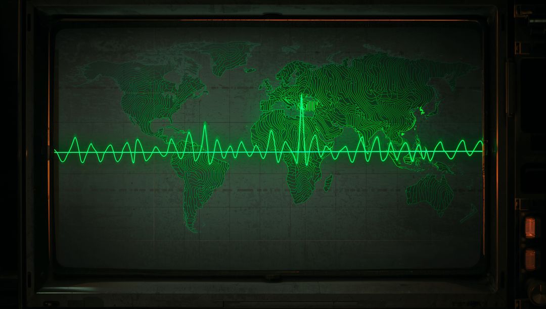 Green Waveform Overlaying World Map on CRT Screen Interface