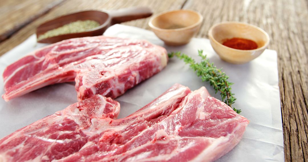 Raw Pork Chops with Herbs on Rustic Wooden Table - Free Images, Stock Photos and Pictures on Pikwizard.com