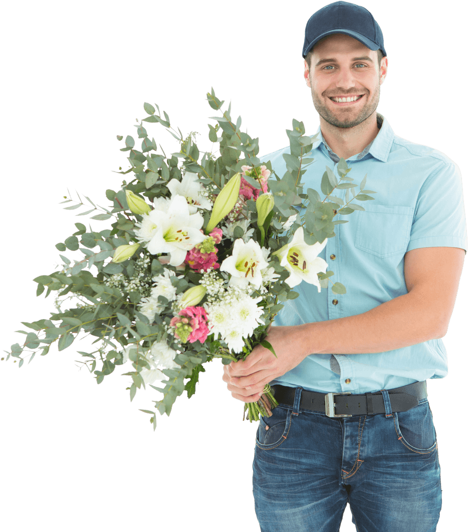 Smiling Man Holding Large Bouquet of Flowers Transparent Background