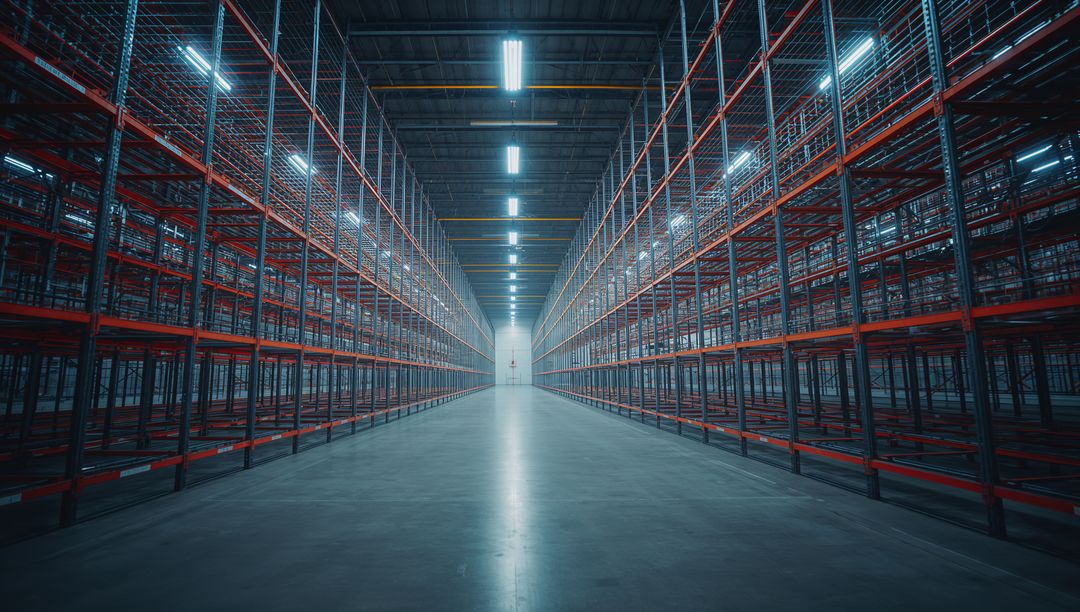 Empty Warehouse Aisle With Red Storage Racks