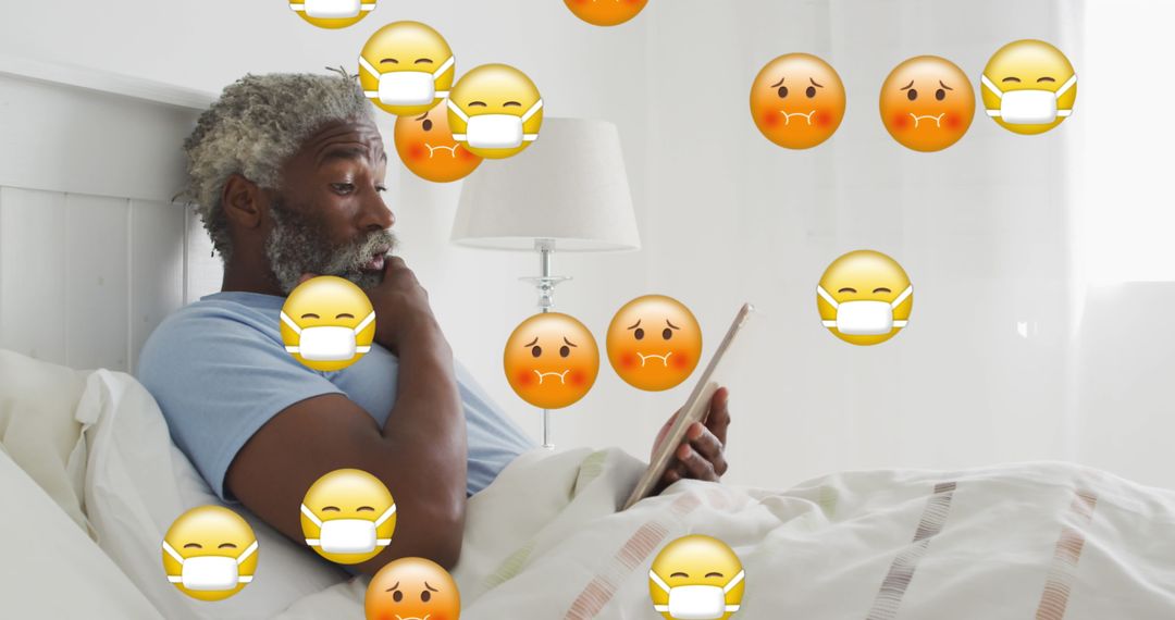 Mature Man Relaxed in Bed with Tablet and Emoji Overlay