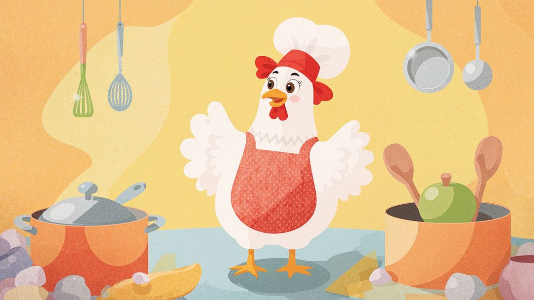 Cheerful Cartoon Chicken Chef in Whimsical Kitchen