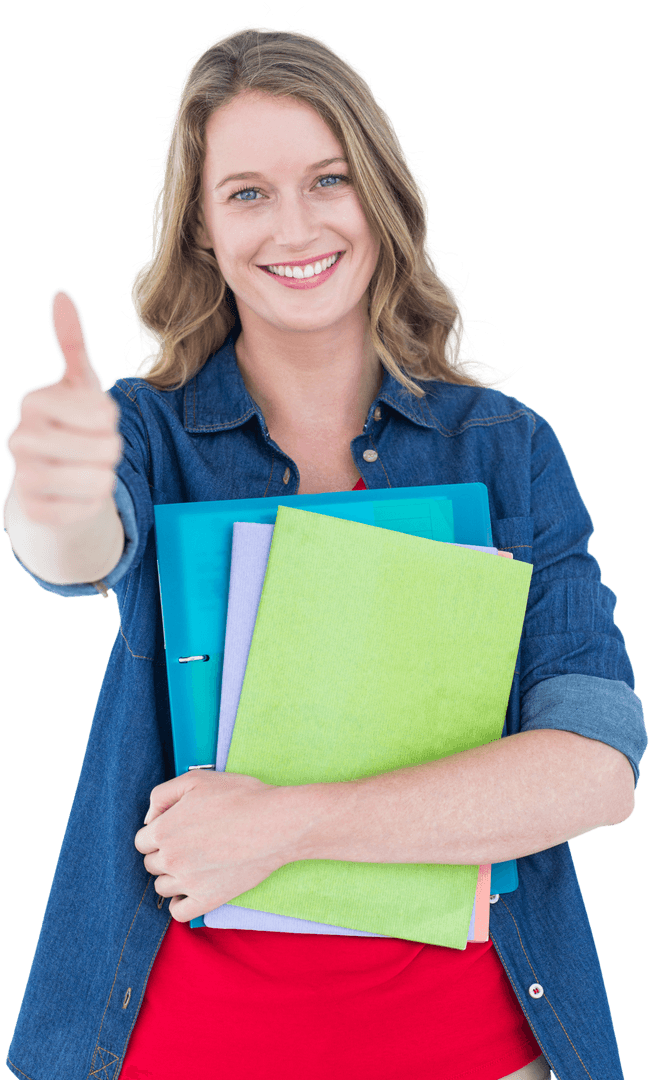 Smiling Student Holding Files Offering Thumb Up Sign Transparent Background