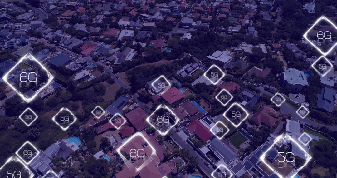 Digital Overlay of 6G Networks Over Cityscape Aerial View