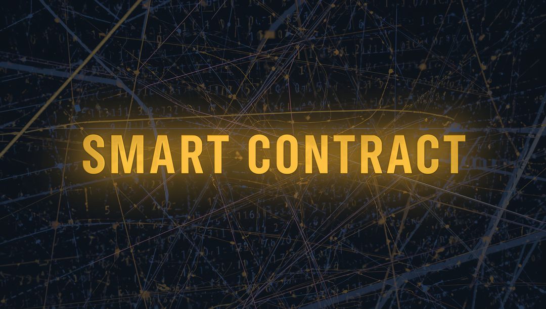 Glowing Smart Contract Over Blockchain Network with Neon Nodes and Digital Code Abstract