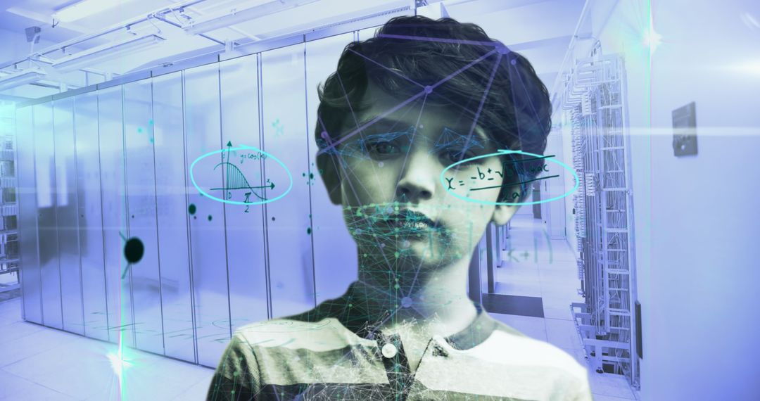 Digital Composite of Boy with Data and Mathematical Overlay in Server Room