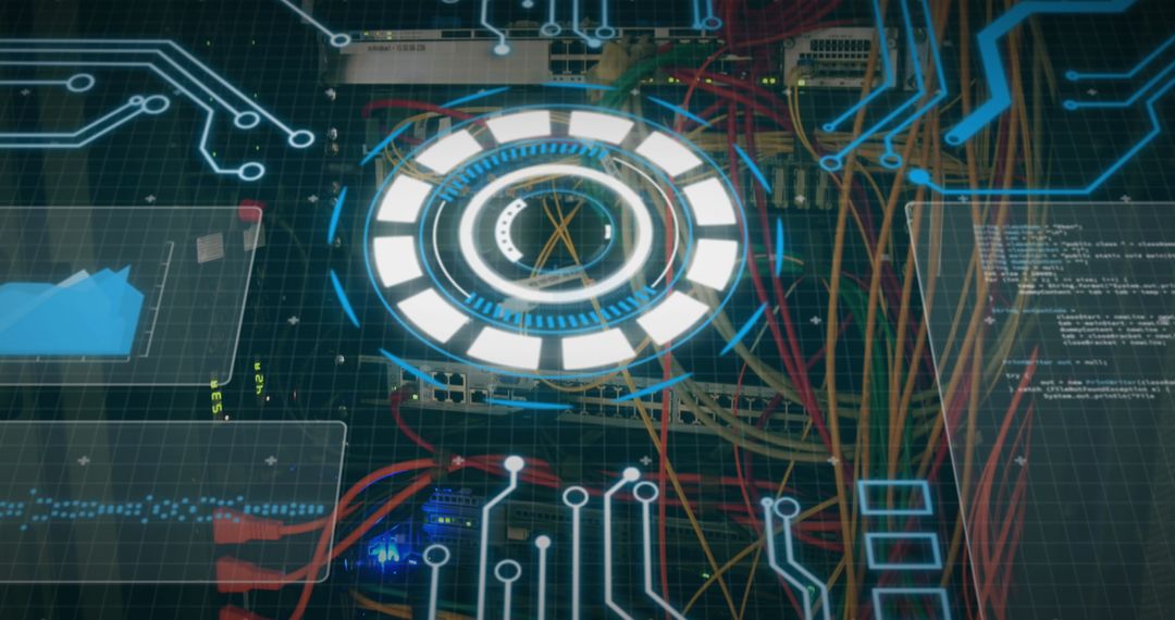 Futuristic Data Processing Interface Overlay on Server Cables