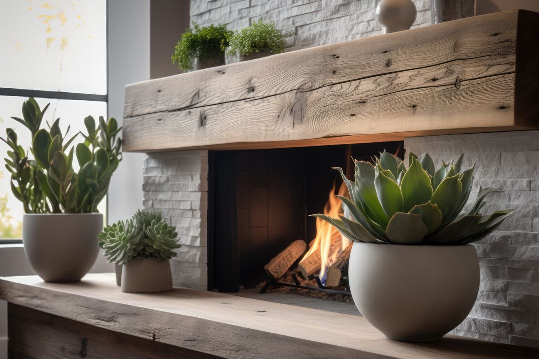 Cozy Fireplace Setting with Succulent Plants on Wooden Mantel - Free Images, Stock Photos and Pictures on Pikwizard.com