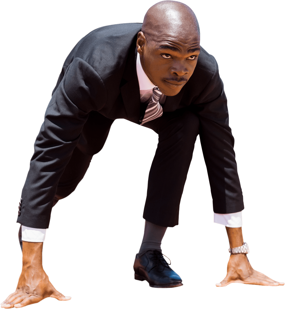 African American Businessman in Starting Position on Transparent Background
